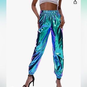 Womens Metallic Shiny Jogger Pants, Casual High WaistedHolographic Color Hip Hop